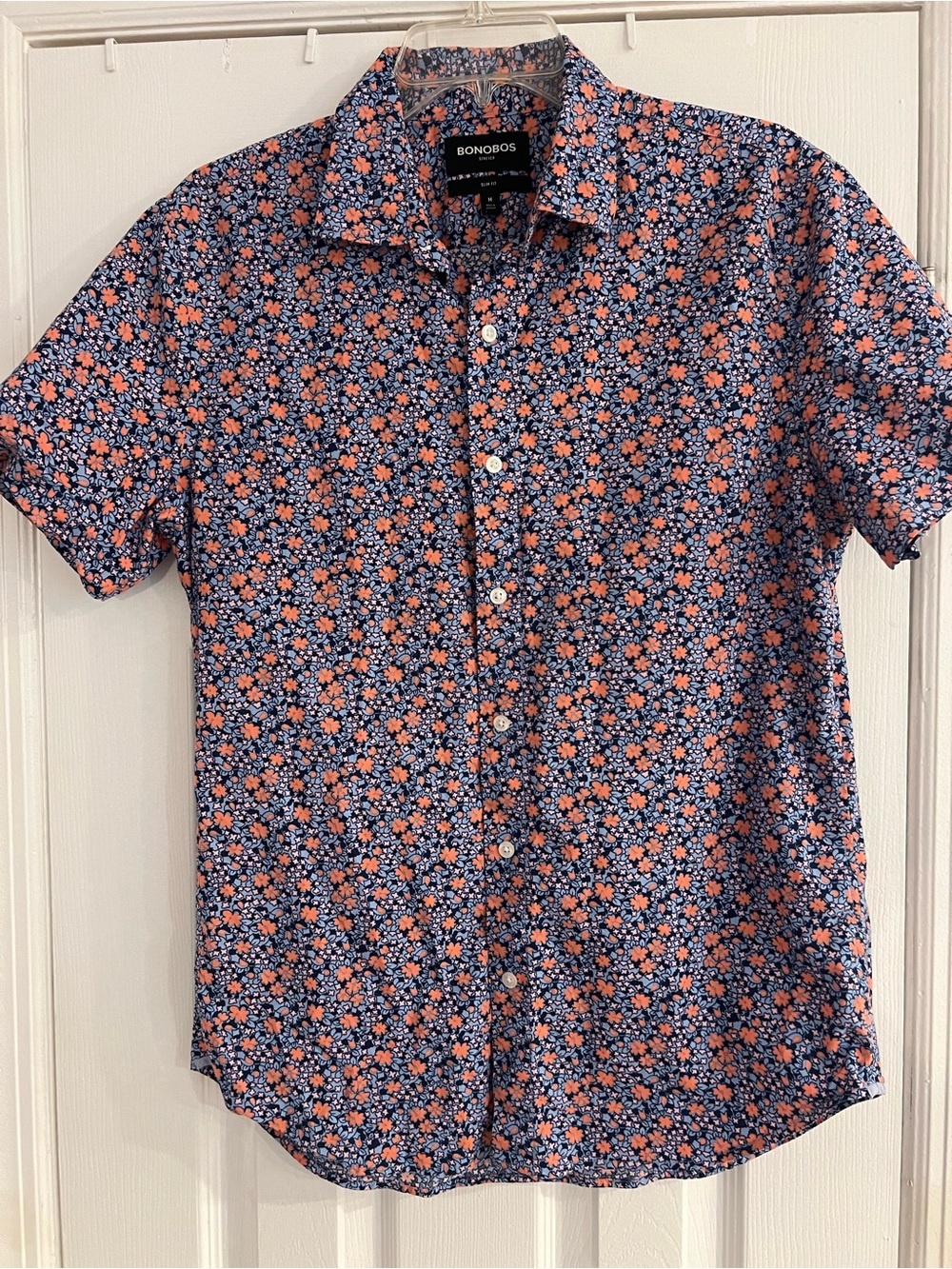 Bonobos Navy Short Sleeve Button-Up with Coral Floral Print